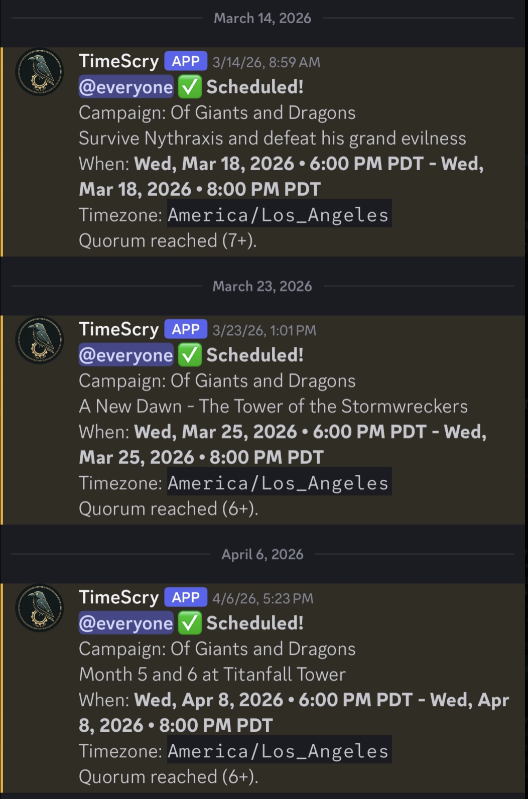 Timescry successfully scheduling a game