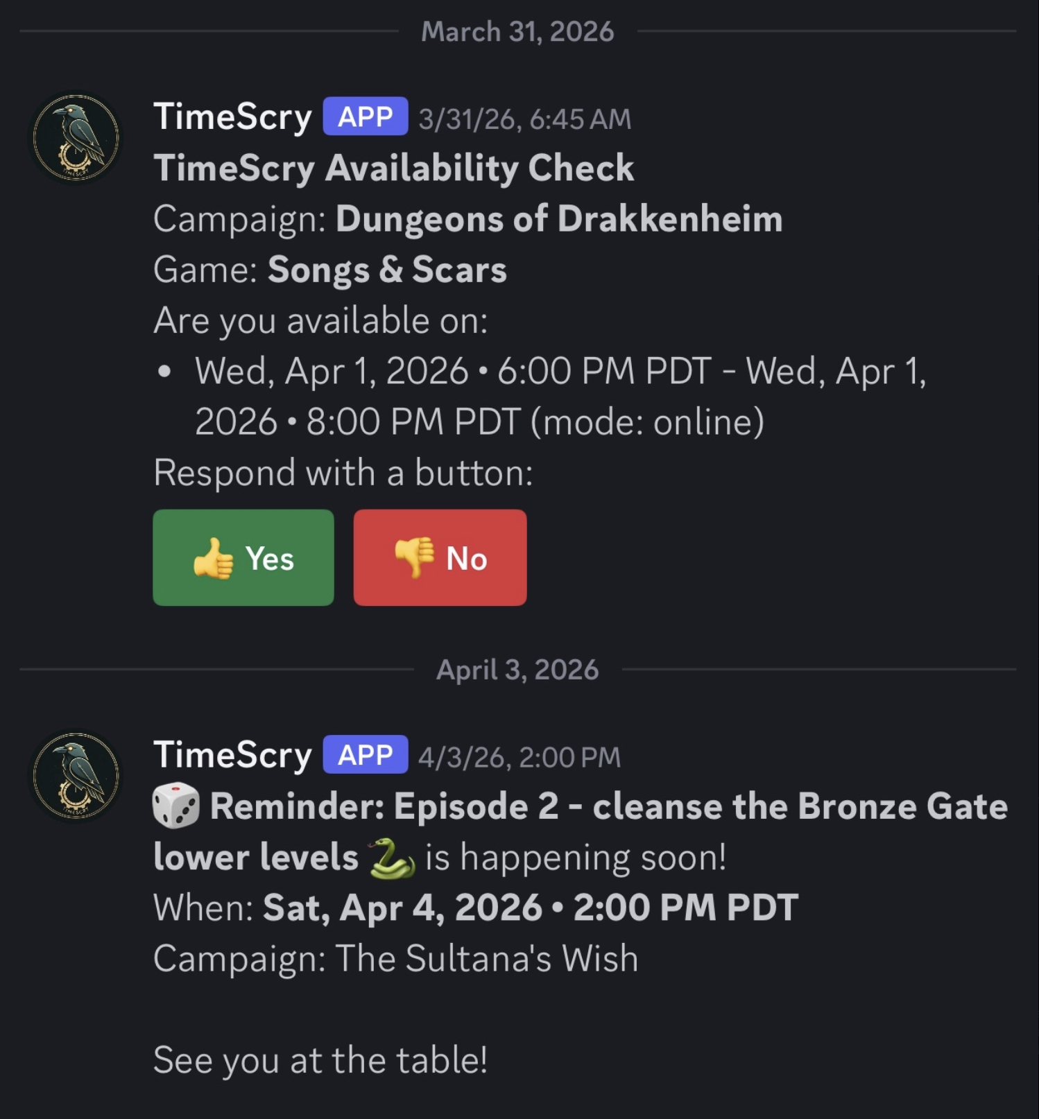 Player view of a Timescry availability poll